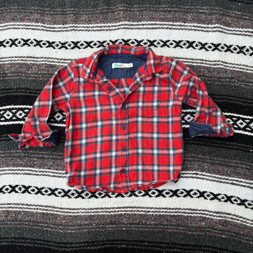 MINI BODEN RED PLAID BOYS BUTTON DOWN SHIRT SIZE 18/24 MONTHS